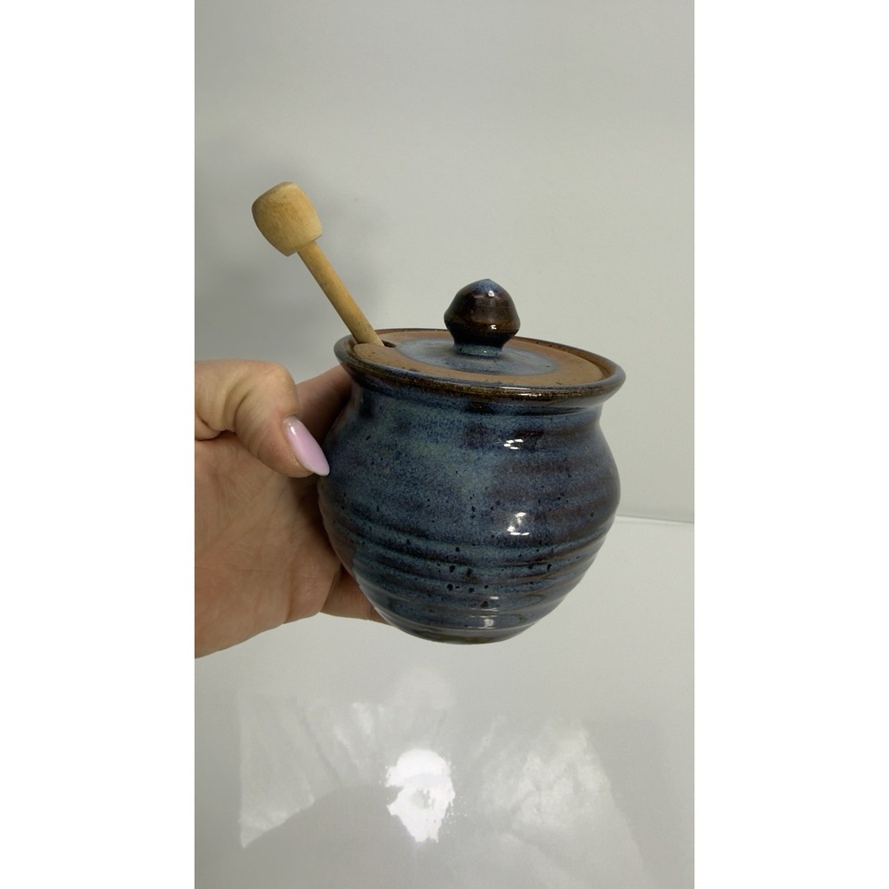Ceramic 12 Ounce Honey Jar and Dipper Set,Porcelain Honey Pot with Lid and Blue